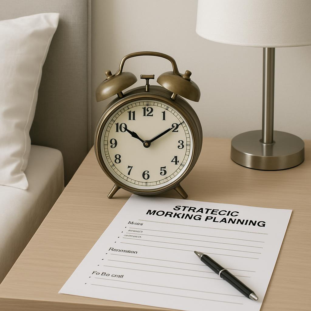 A bedside table with a white sheet of paper, lamp, alarm clock, and writing utensil.