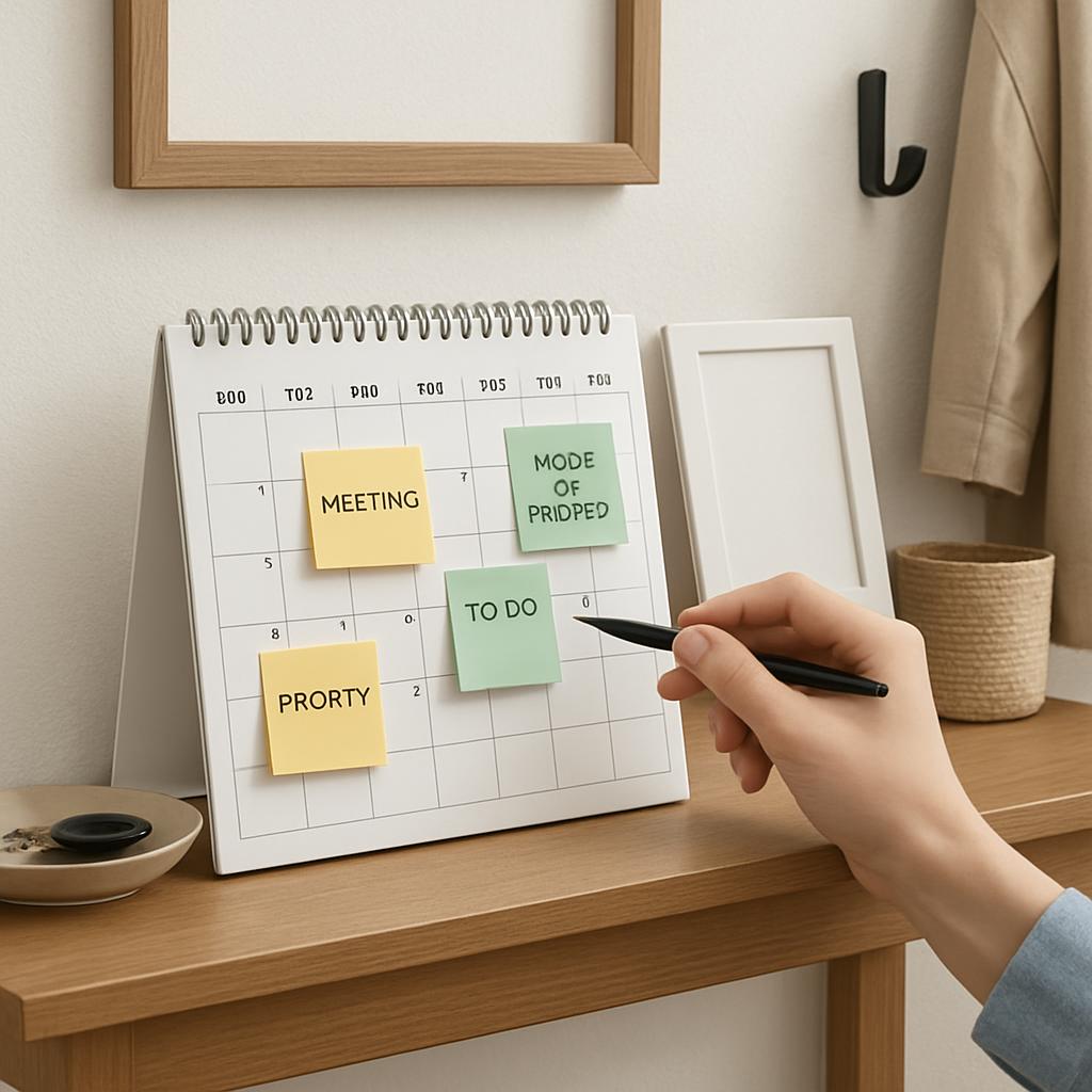 A person is holding a pen in their right hand and writing on a desk calendar with post-it notes.