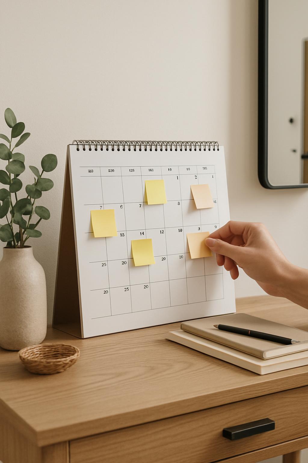 A woman's hand paste adhesive notes on a spiral-bound wall desk calender with 5 entries on a Monday, Wednesday and Friday ...