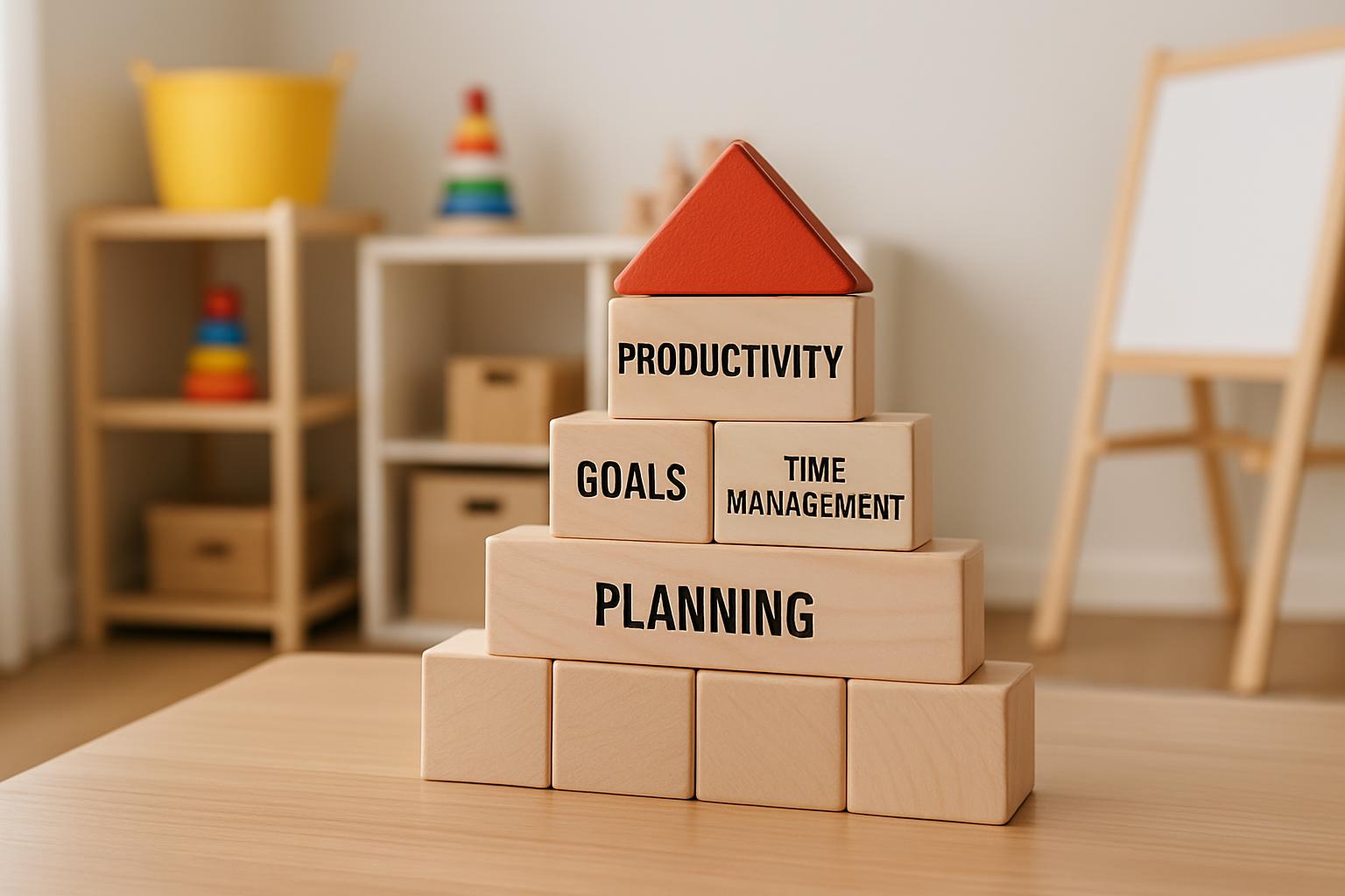 • Blocks arranged to spell out productivity, goals, time management, and planning. • There is an orange roof on top of the...